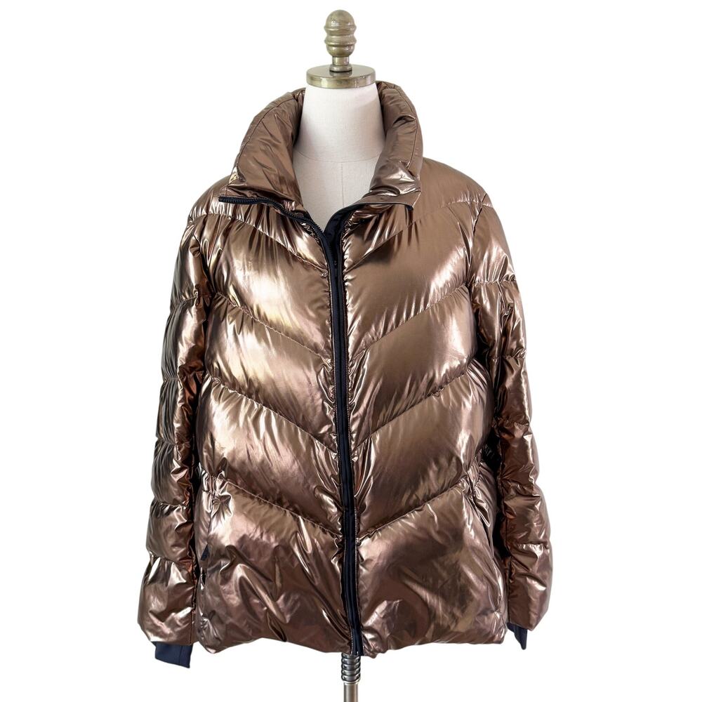 Athleta Metallic Gold Down Fill Puffer Coat Women's Size XL EUC Pockets Zip Up